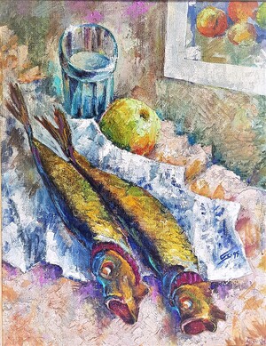 TWO FISH ON A NEWSPAPER. 1995